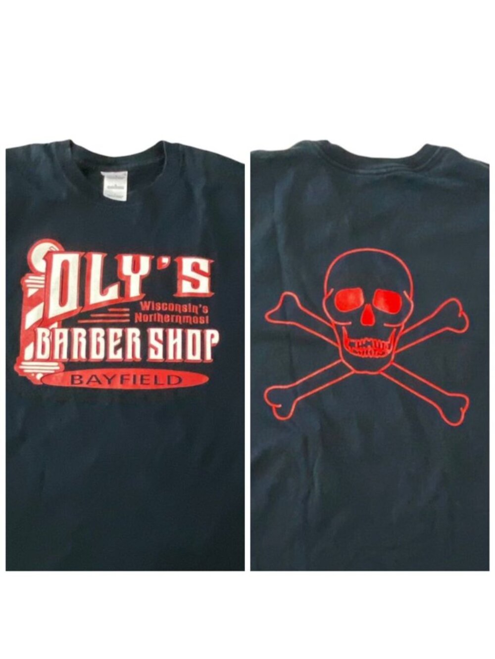 Gildan Vintage Oly’s Barber Shop L Black T Shirt Skull Crossbones Wisconsin - Picture 3 of 9